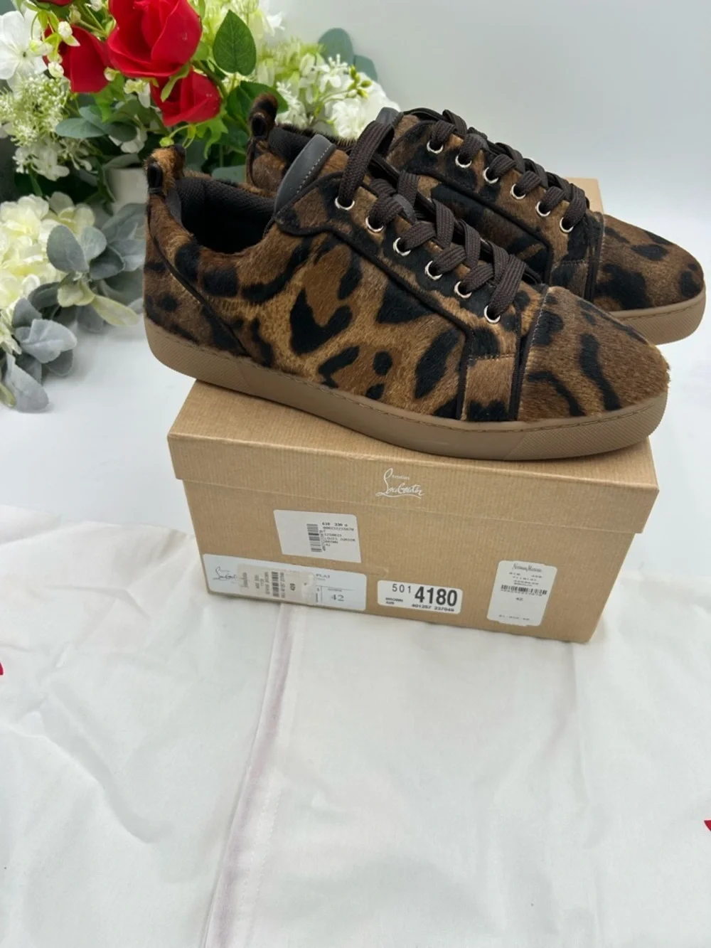 Men's Christian Louboutin Louis Jr leopard effect low top sneakers size 42